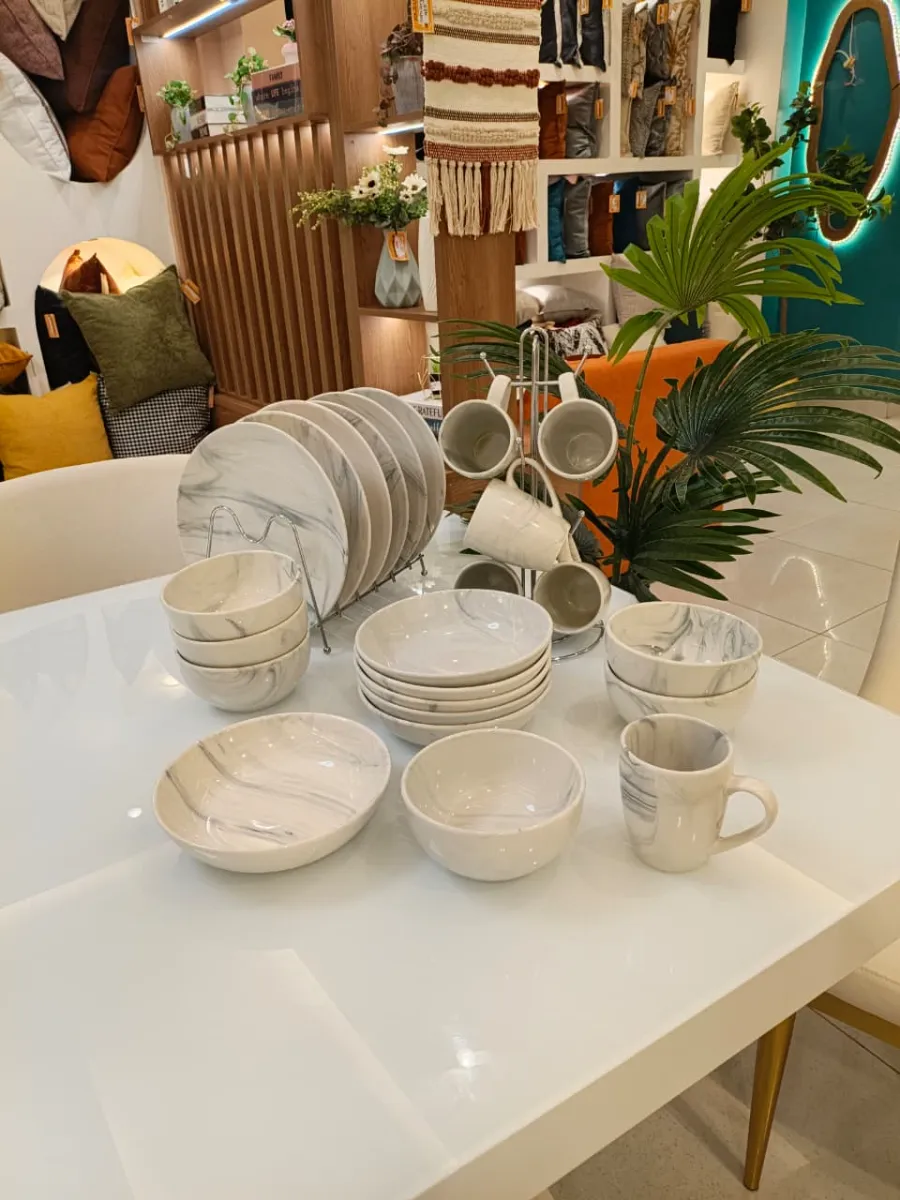 Marble Ceramic Dining Set — Cool Grey & White