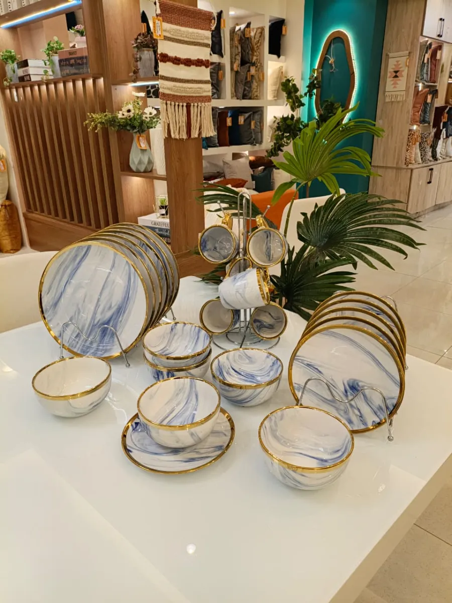 Ocean Marble Luxury Ceramic Dining Set — White, Blue & Gold